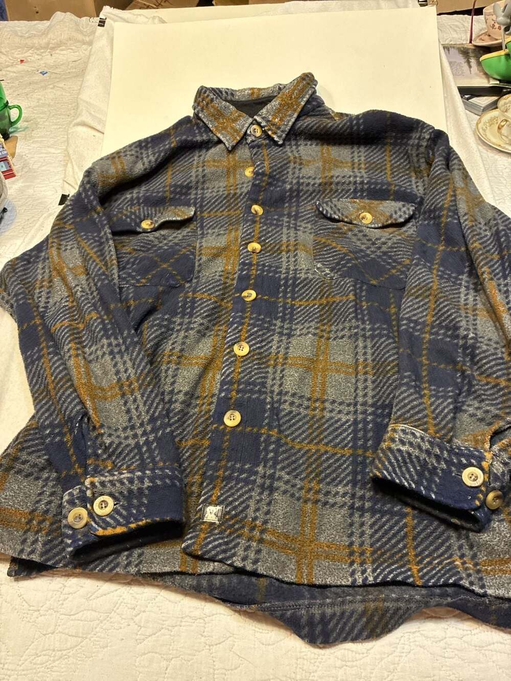 Juneau Blue Gray Plaid Fleece Button Up Long Sleeve Shirt Jacket XL